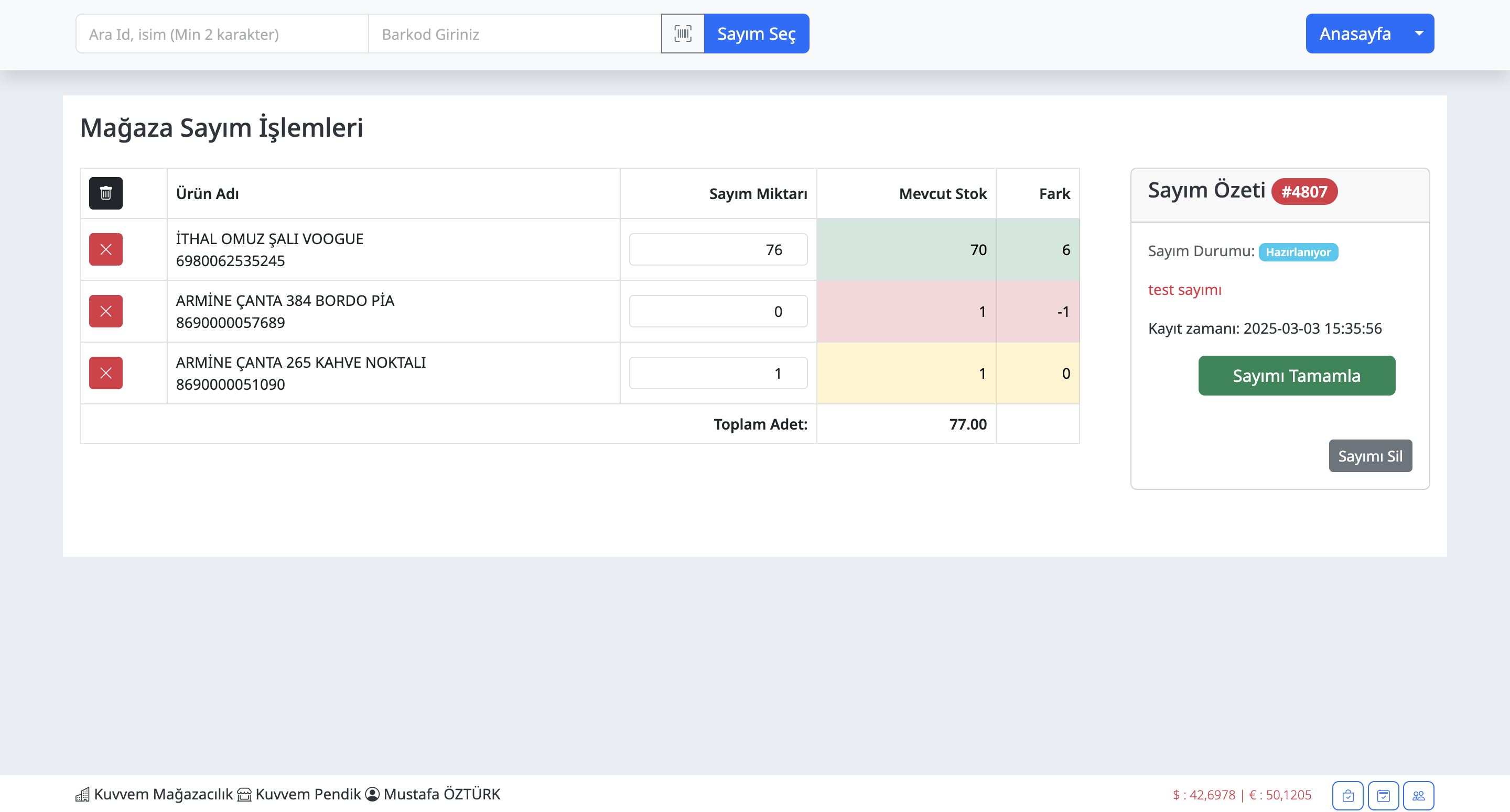 Transfer ve Sayım ekran goruntusu 2
