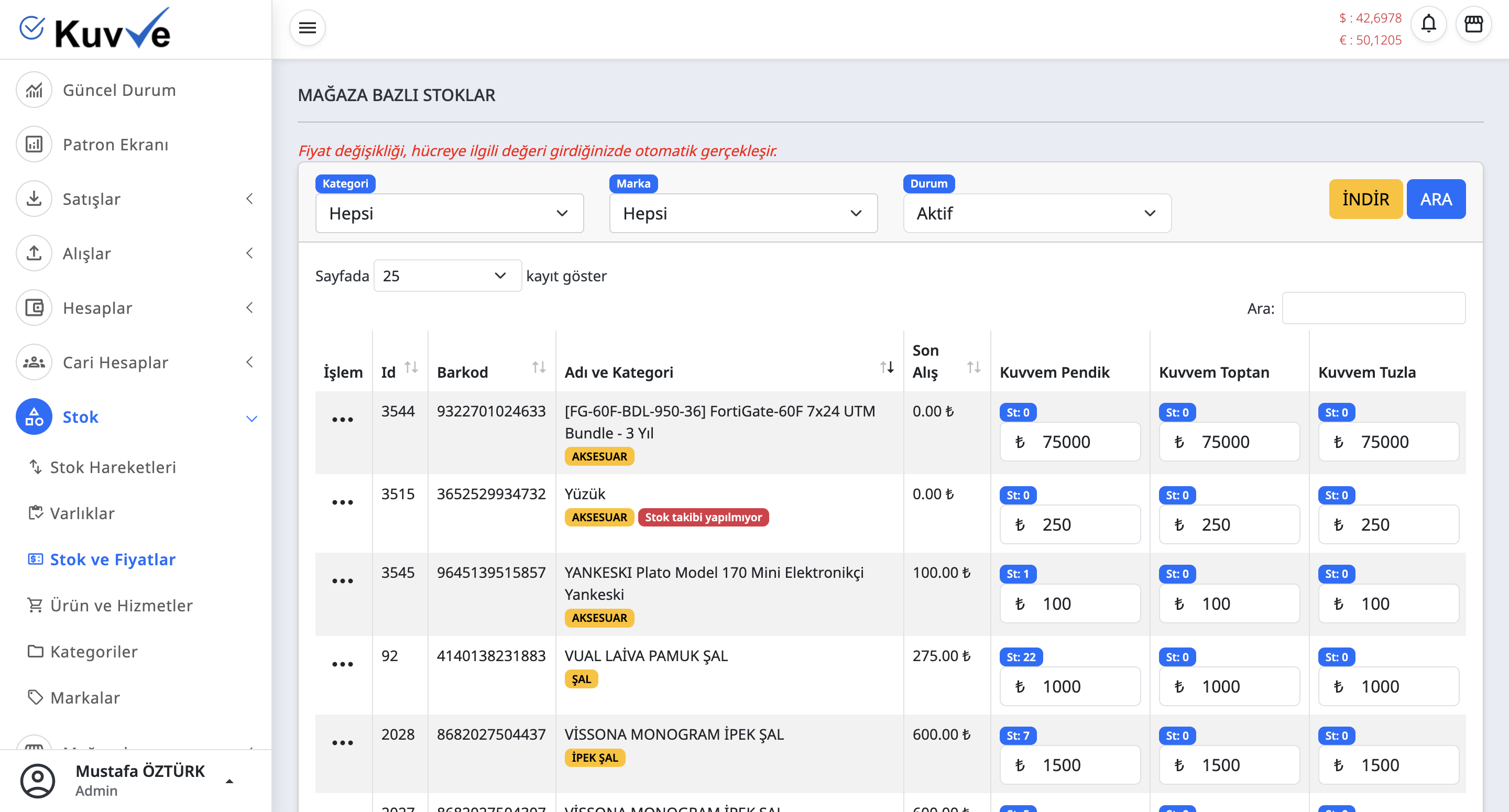Ürün/Stok Yönetimi ekran goruntusu 1